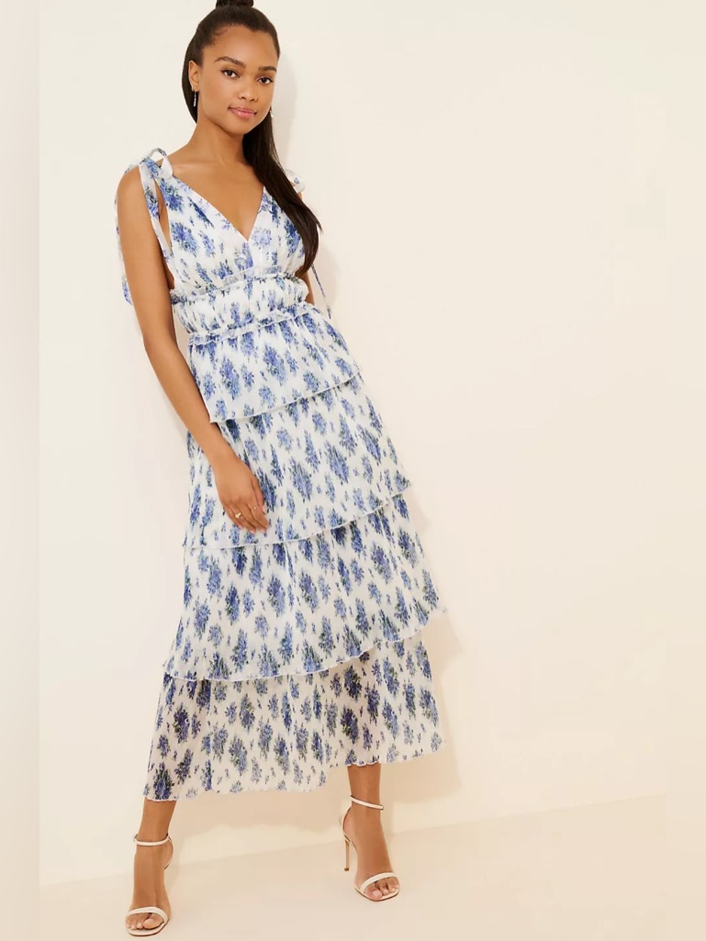 Anthropologie White and Blue Floral Tiered Midi Dress